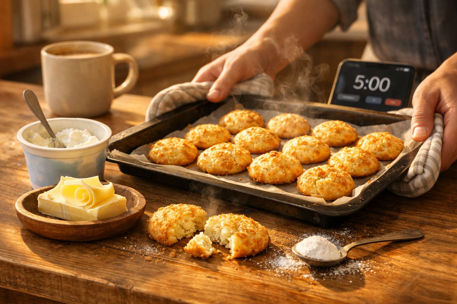 Pessoa segurando assadeira com biscoitos quentes recém-assados, manteiga, creme e colher com açúcar sobre mesa de madeira.