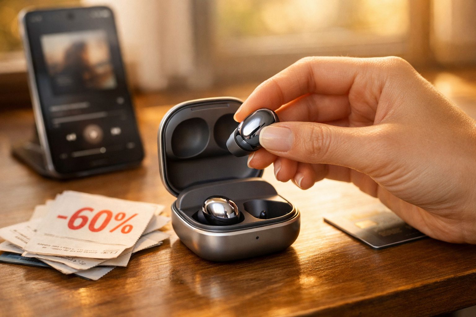 Mão segurando fone de ouvido sem fio prateado próximo ao estojo aberto, celular e cupons de desconto -60%.