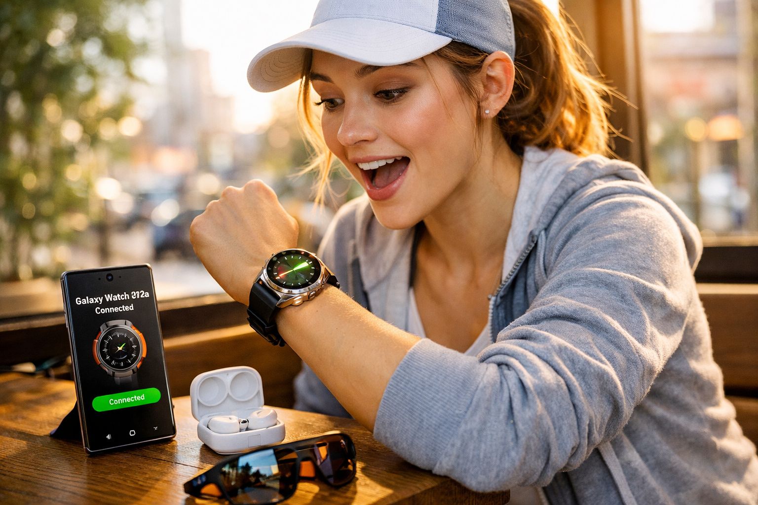Mulher sorridente confere smartwatch Galaxy Watch 4 com smartphone e fones de ouvido na mesa.