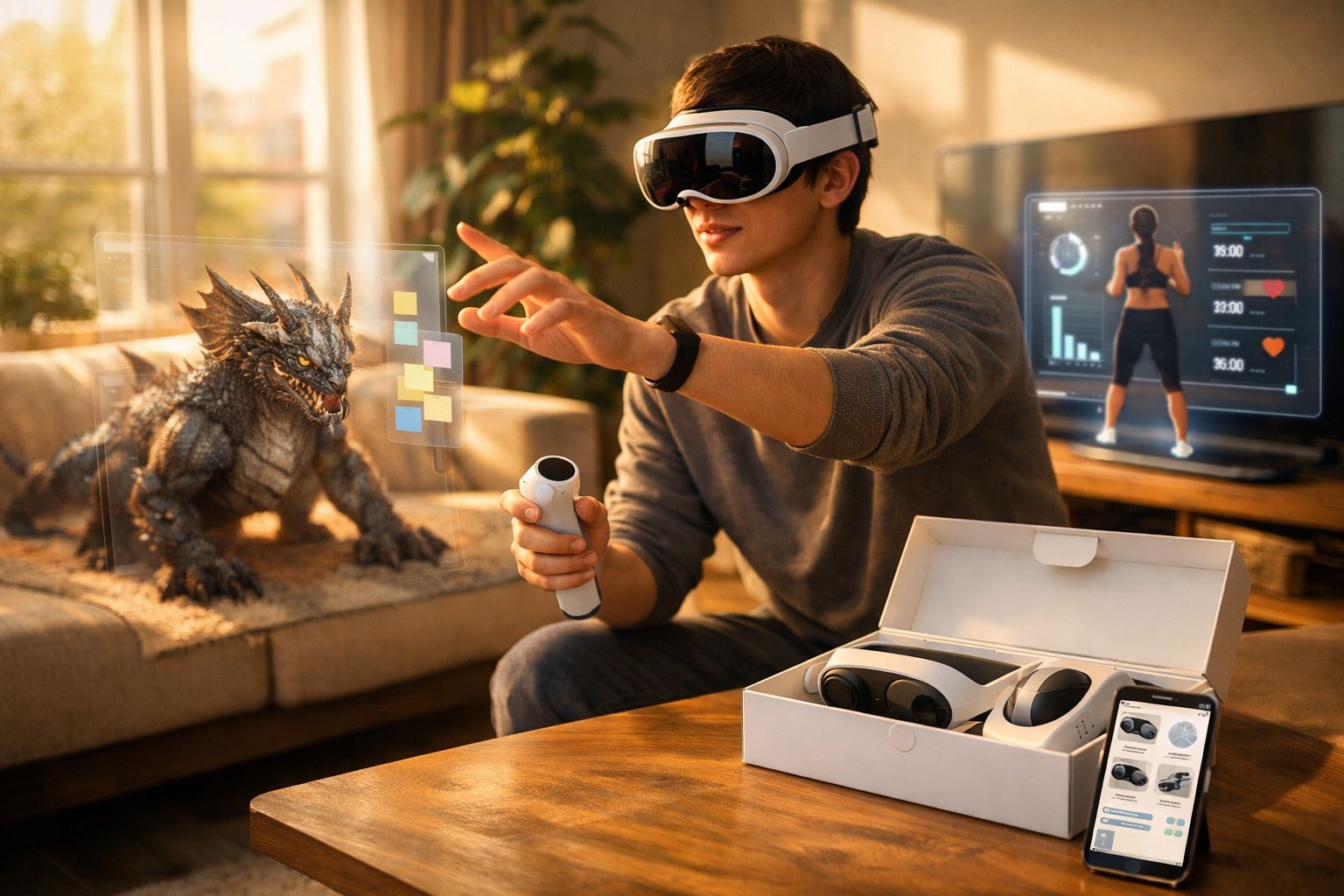 Jovem usando óculos VR interagindo com dragão virtual e controles em sala de estar moderna.