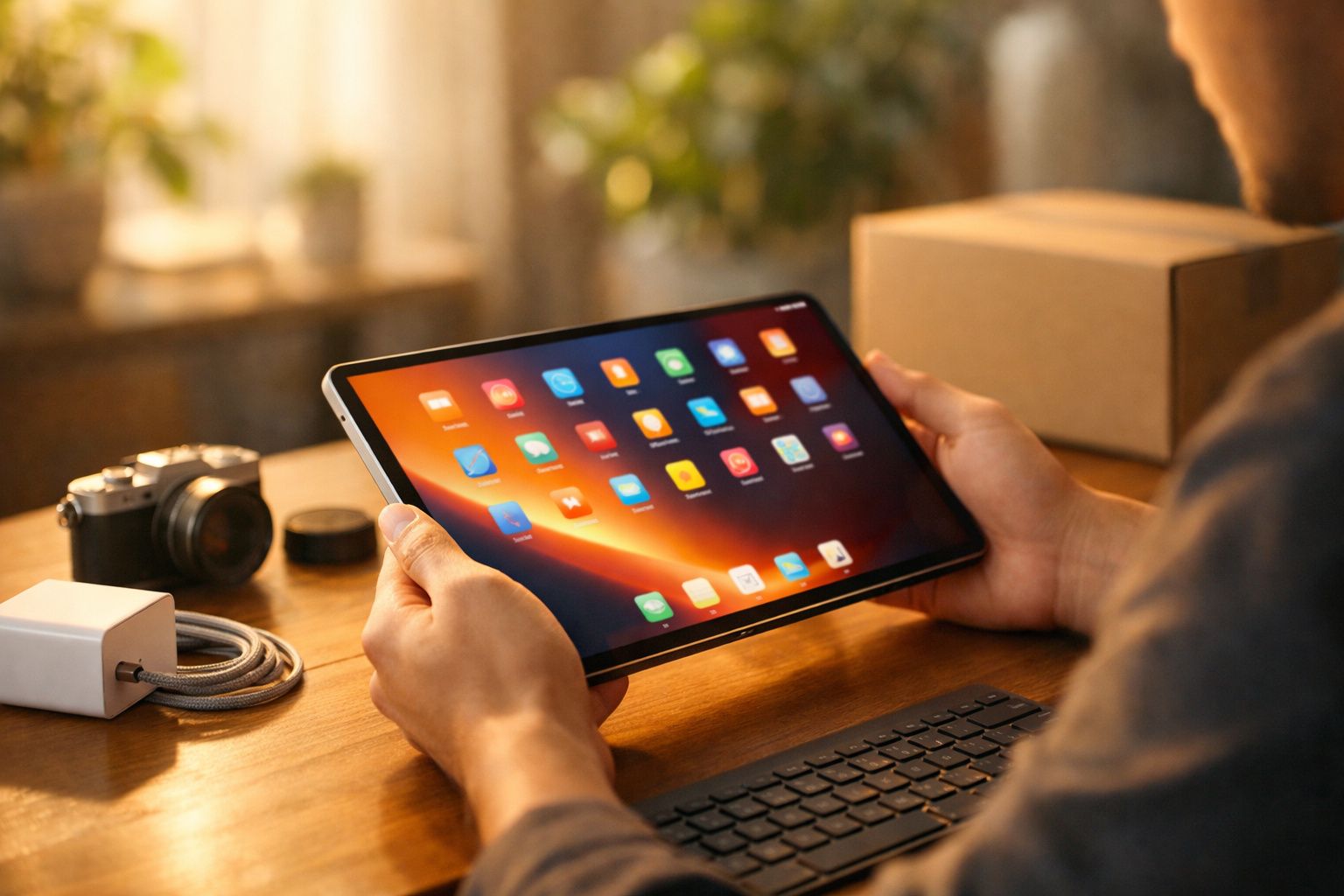 Pessoa segurando tablet com tela de aplicativos coloridos em mesa de madeira com câmera e teclado.