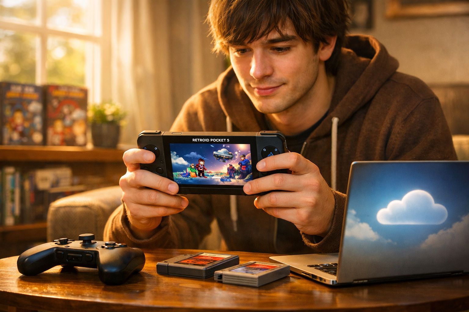 Jovem segurando console portátil retrô enquanto joga, com controle, cartuchos e laptop na mesa.