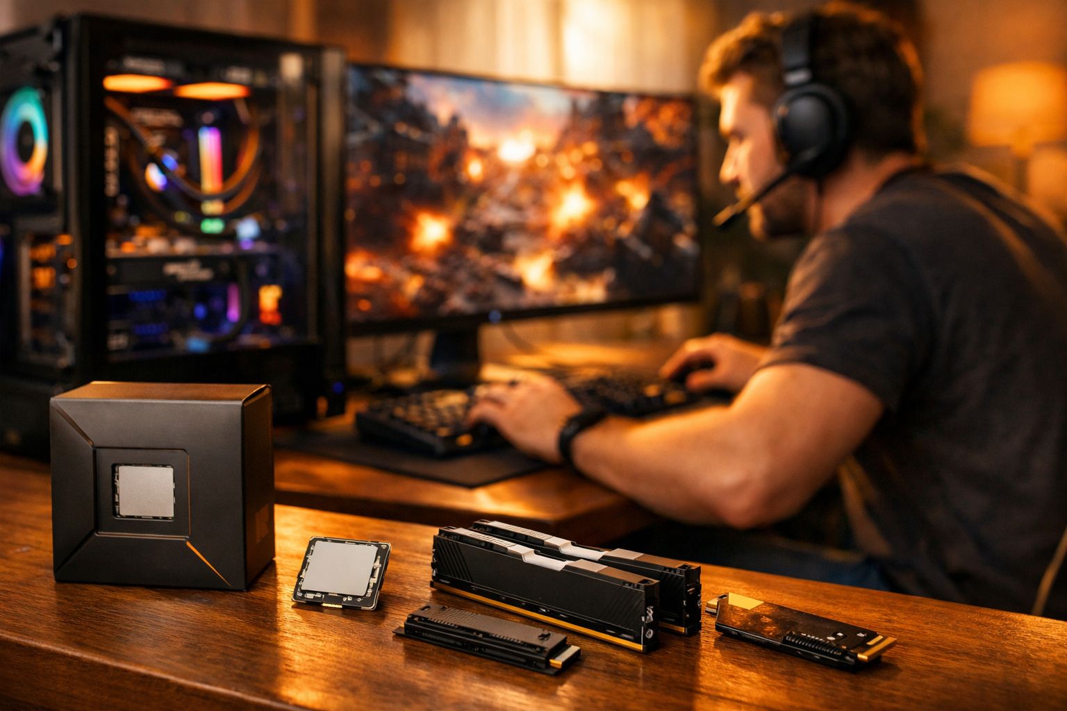 Mesa com peças de computador e pessoa jogando videogame em um monitor com cenário de batalha.