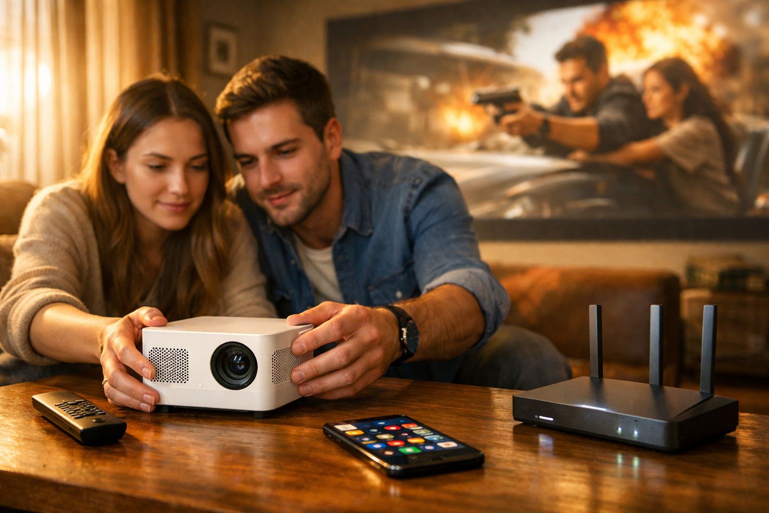 Casal ajusta projetor em sala com controle remoto, celular e roteador sobre mesa de madeira.