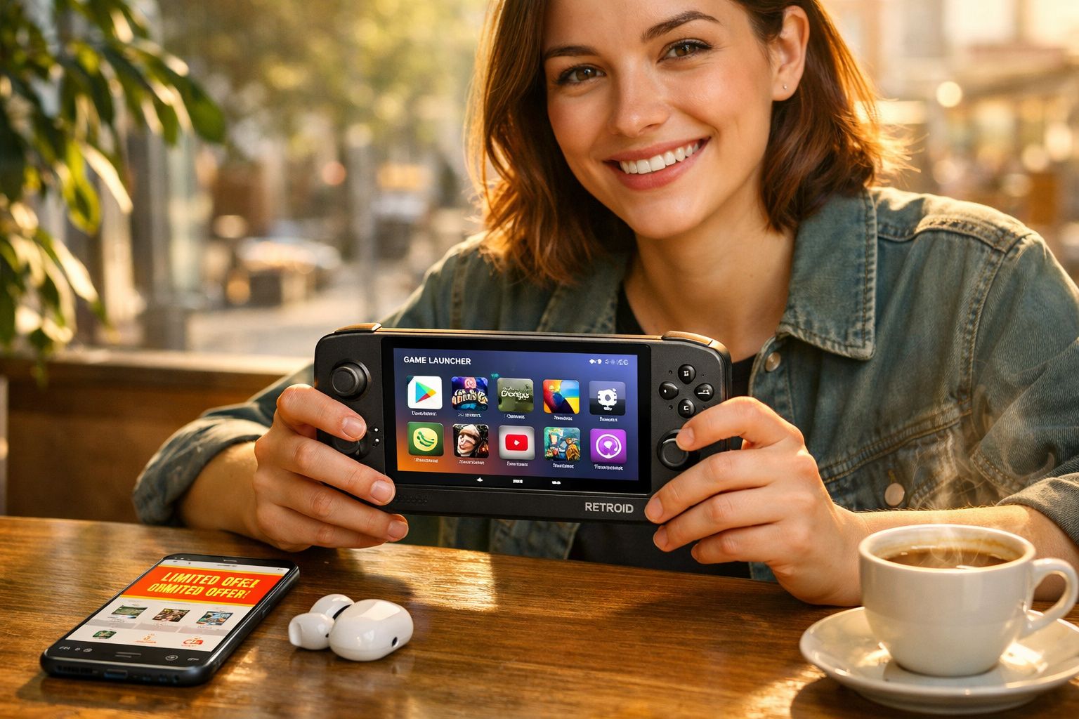 Pessoa sorridente segurando console portátil Retroid sobre mesa com café, fones e celular.