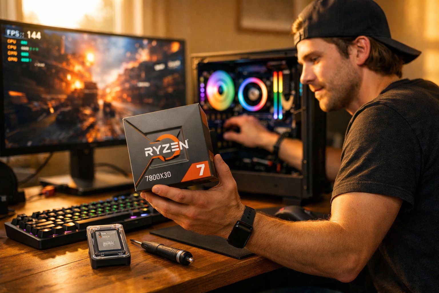 Homem segurando caixa do processador Ryzen 7 7800X3D enquanto monta computador gamer.