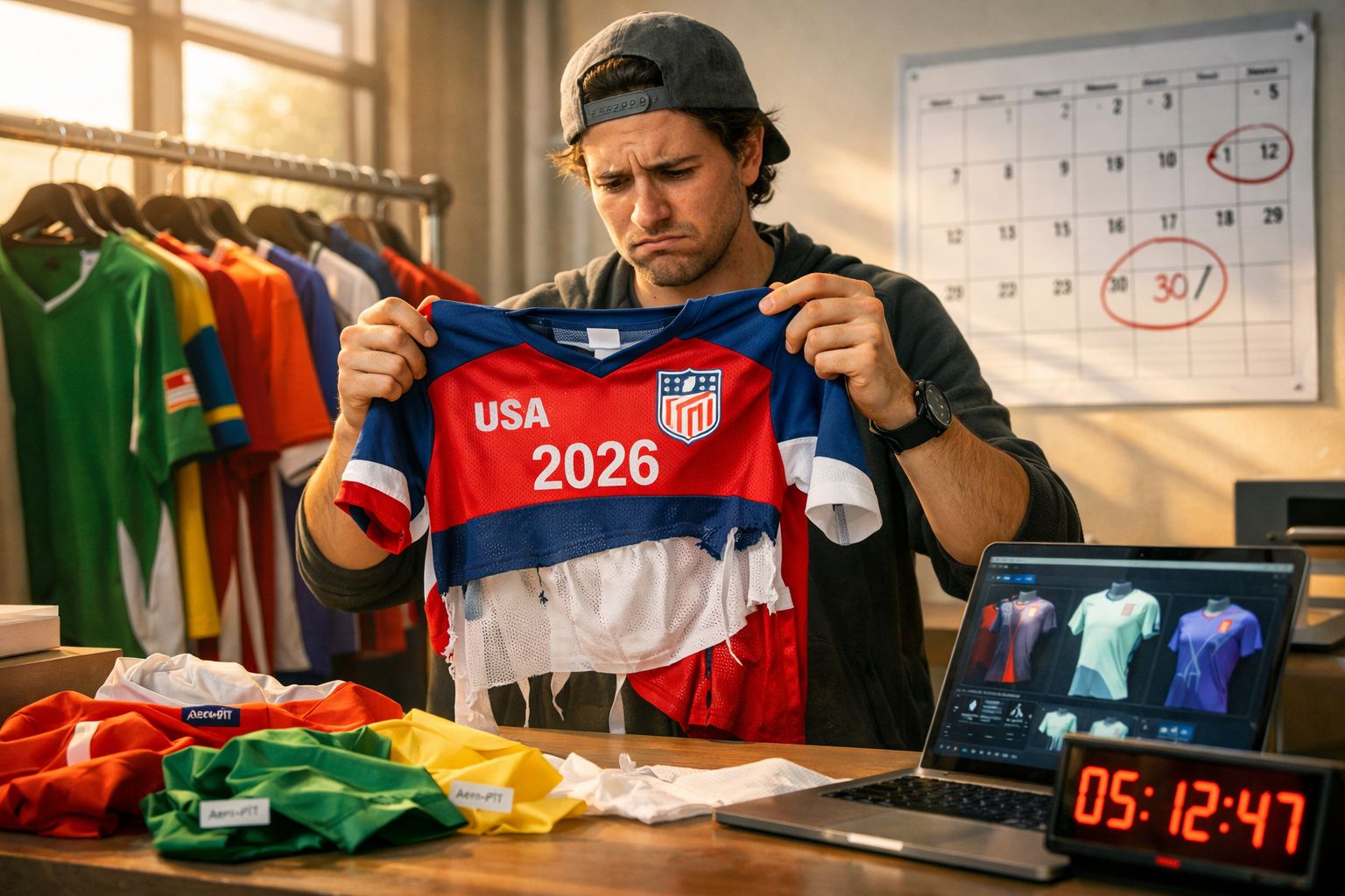 Homem analisa camisa de time rasgada com expressão frustrada em escritório com calendário e laptop.