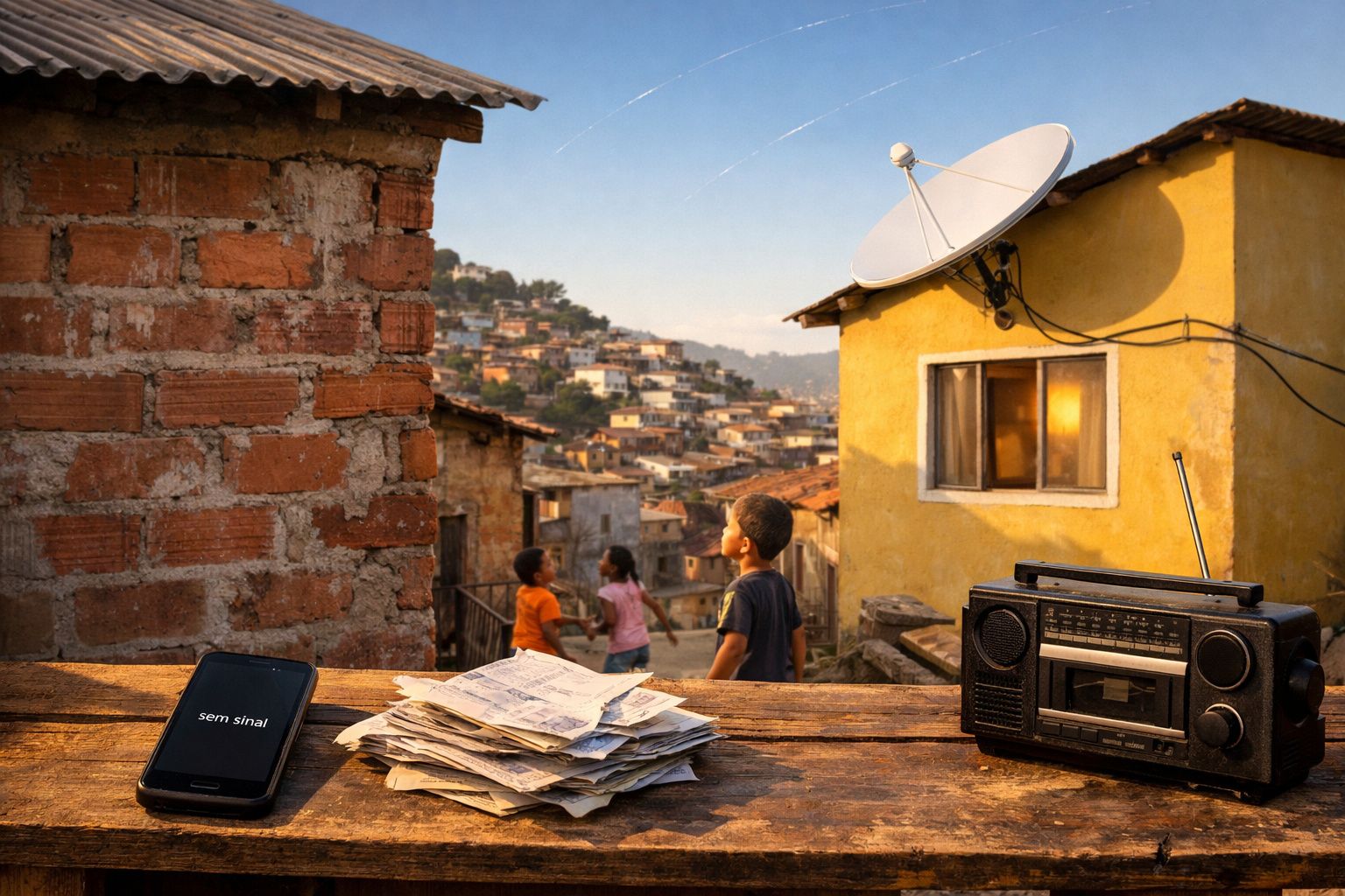 Celular sem sinal, rádio antigo e crianças brincando em favela ao entardecer.