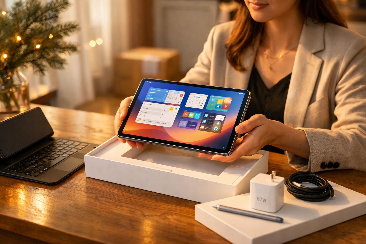 Pessoa segurando tablet novo sobre caixa com carregador e cabo sobre mesa de madeira.