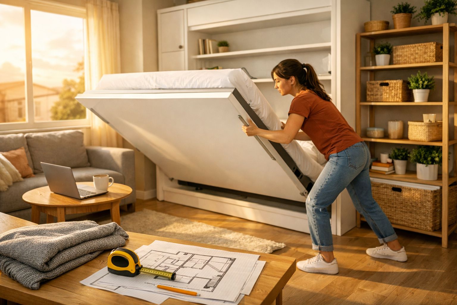 Mulher abrindo cama dobrável em sala de estar com móveis e decoração aconchegante.