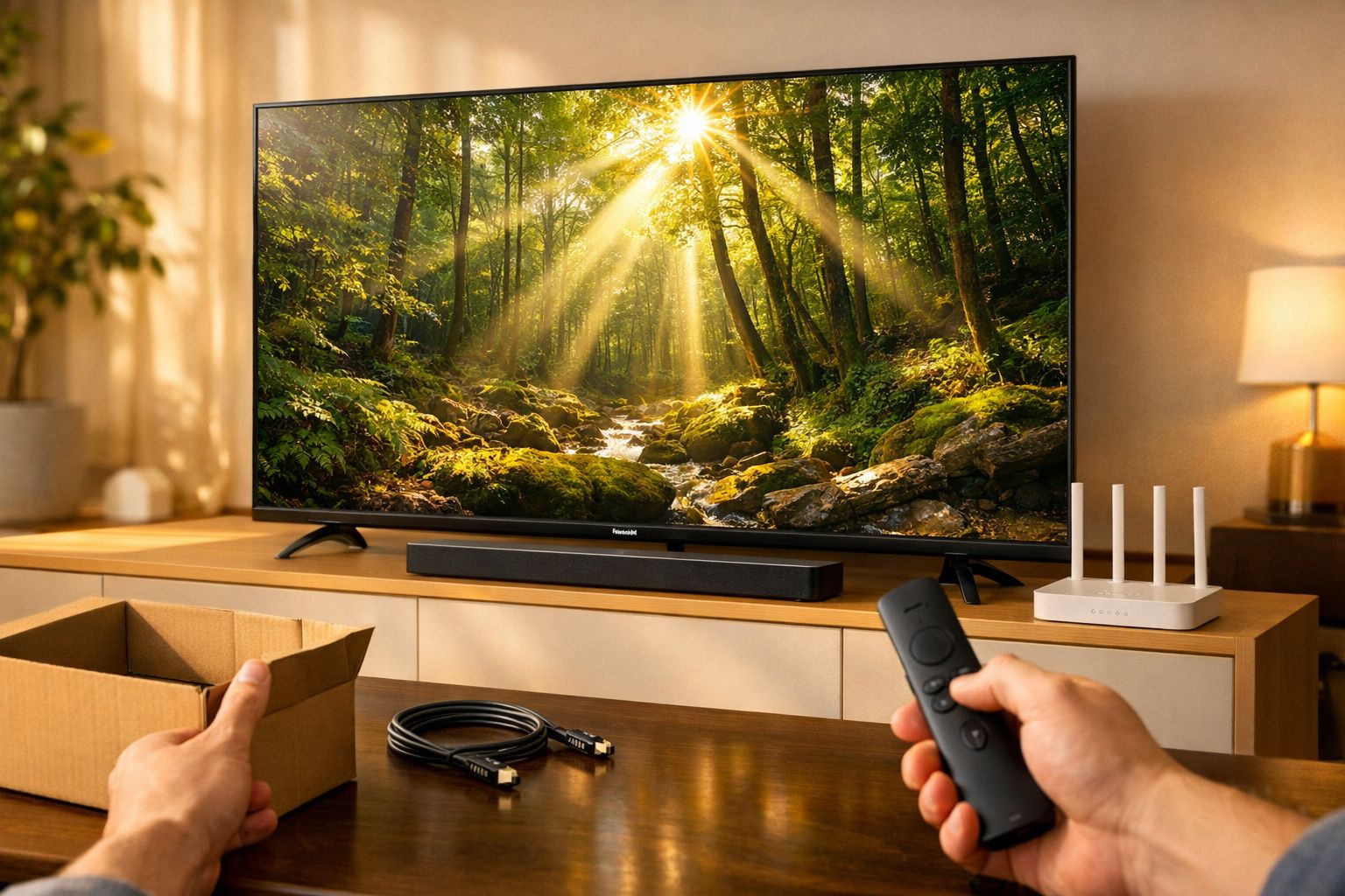 Pessoa segurando controle remoto diante de TV exibindo floresta iluminada pelo sol em sala moderna.