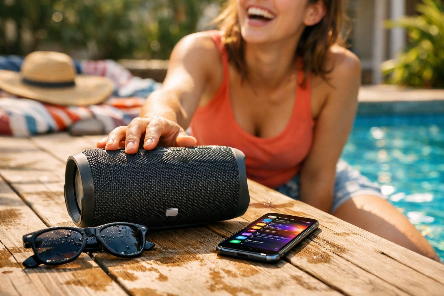 Pessoa em piscina alcançando caixa de som preta, com celular e óculos de sol na madeira molhada.