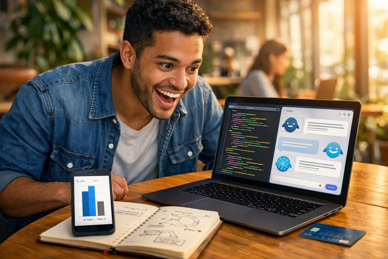 Homem animado olhando para código e chat de IA no laptop, com gráfico em smartphone e caderno na mesa.