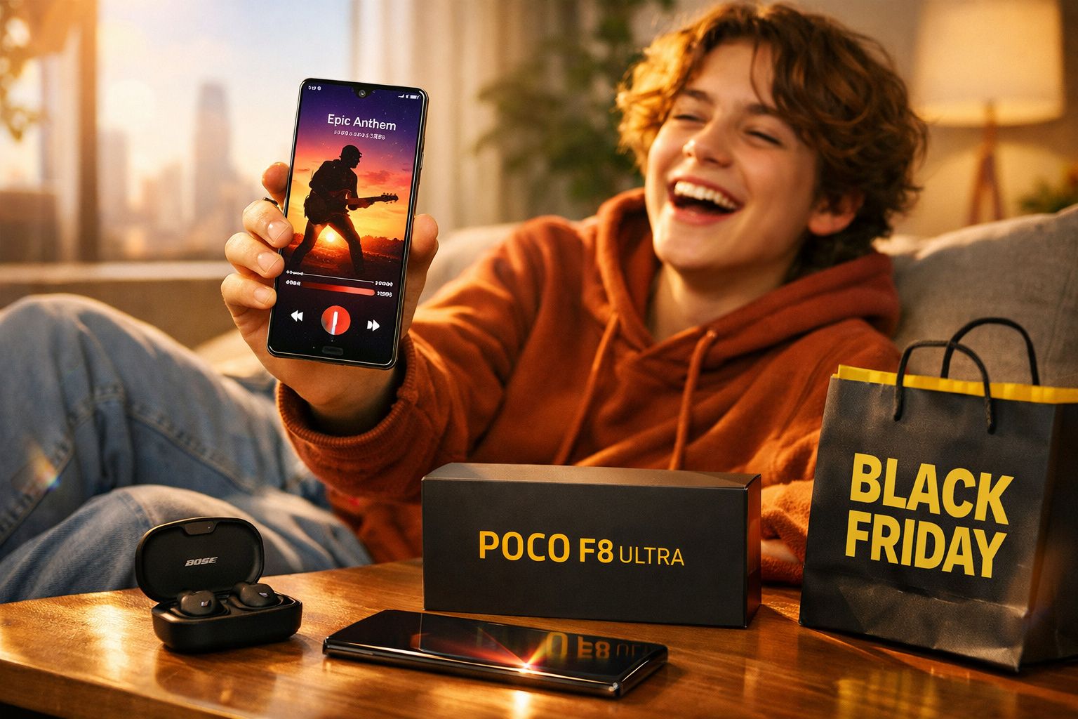 Jovem sorrindo mostra smartphone com música, fones Bose, caixa Poco F8 Ultra e sacola Black Friday.