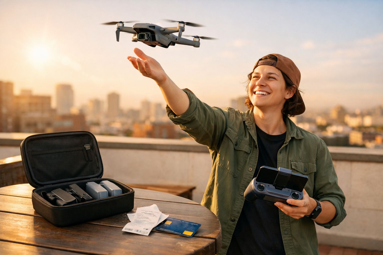 Jovem sorridente manuseia controle de drone em área externa com kit do drone sobre mesa de madeira.