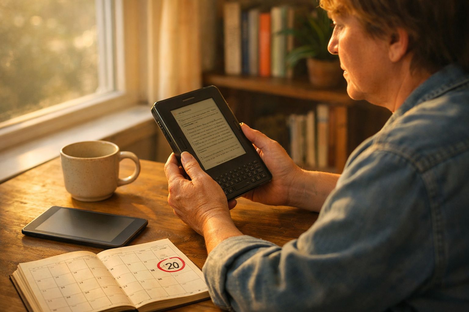 Pessoa lendo e-book em dispositivo eletrônico, com agenda, tablet e caneca sobre mesa próxima à janela.