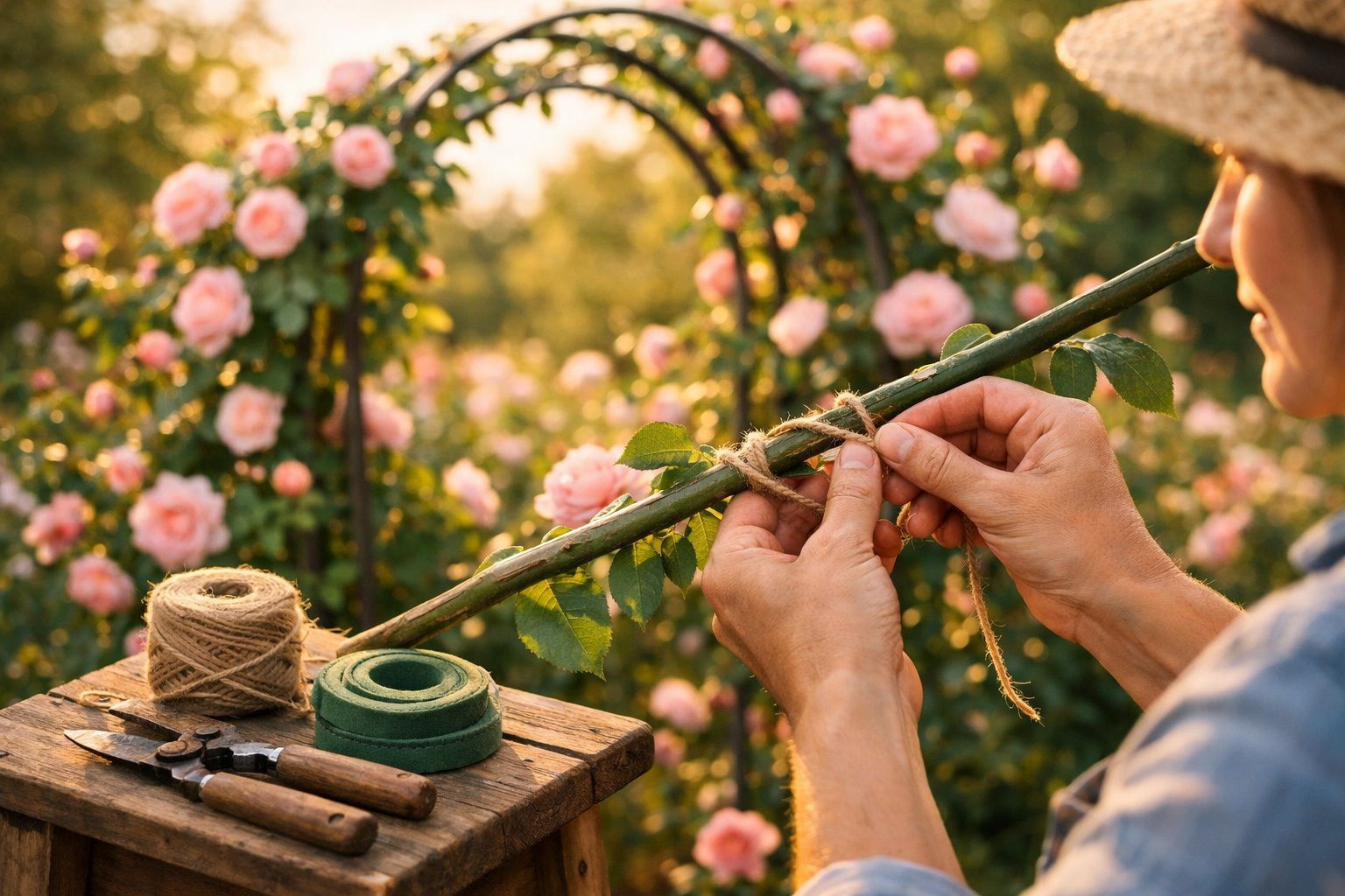 Pessoa amarrando ramo de rosa com barbante em jardim florido ao entardecer.