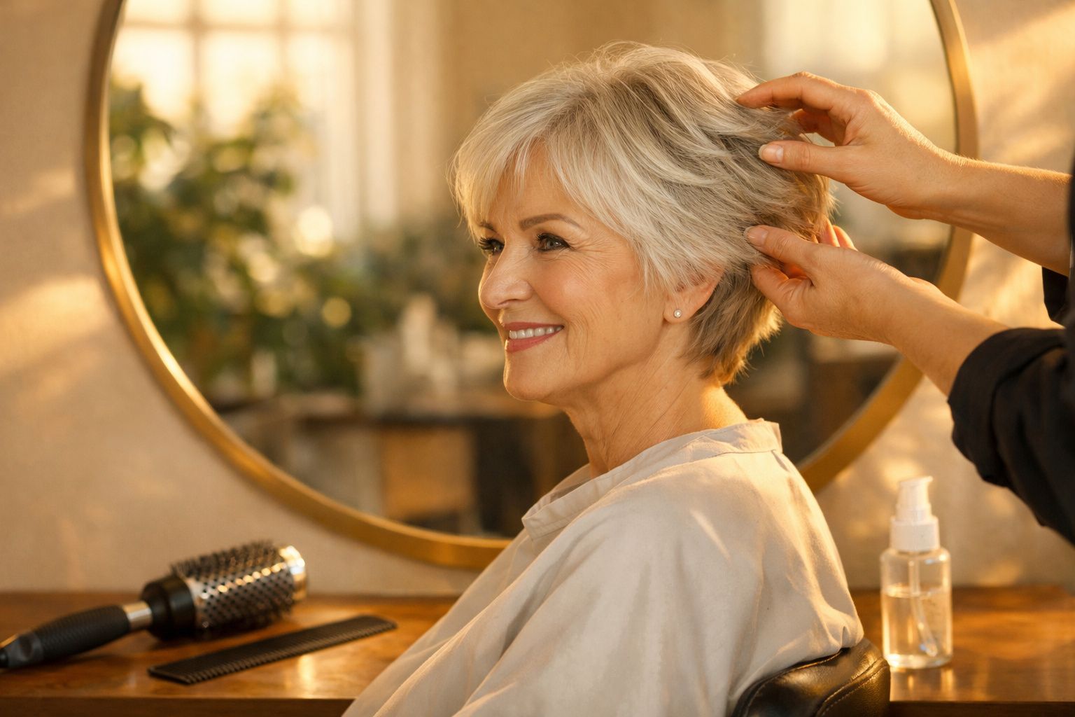 Mulher idosa sorridente sentada em salão recebendo cuidados no cabelo de cabeleireiro.