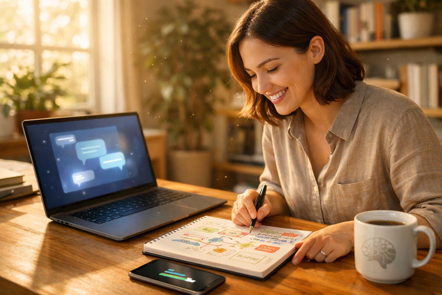Mulher sorrindo enquanto faz anotações em caderno ao lado de laptop e xícara com café.