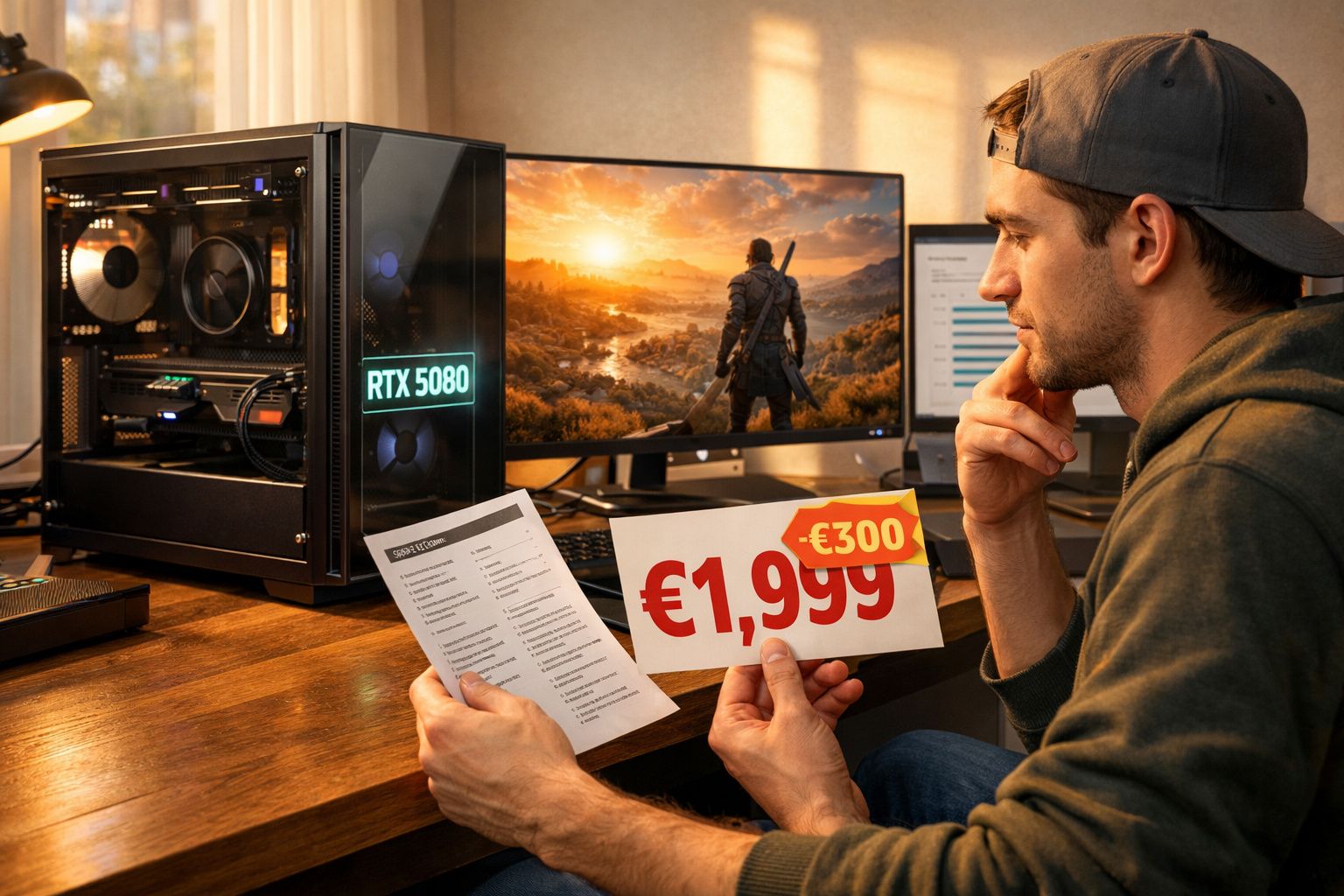 Homem sentado avaliando preço e especificações de computador gamer com placa RTX 5080 em mesa.
