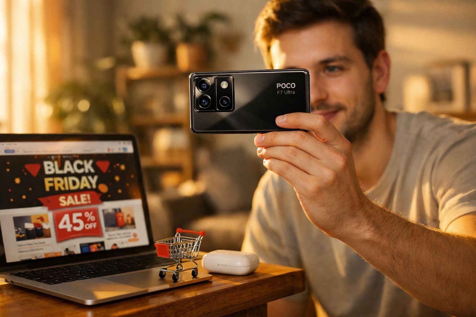 Homem segurando smartphone POCO F7 Ultra com laptop mostrando promoção de Black Friday ao fundo.