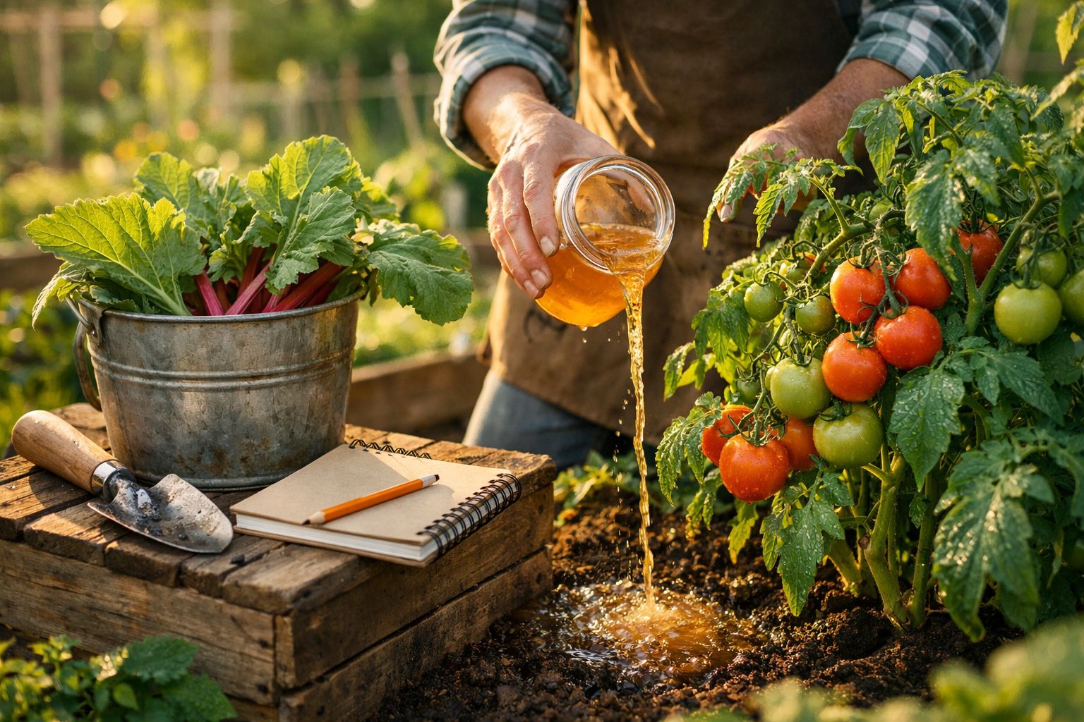 Pessoa regando tomateira com regador improvisado, ao lado caderno, lápis, enxada e planta em vaso metálico.