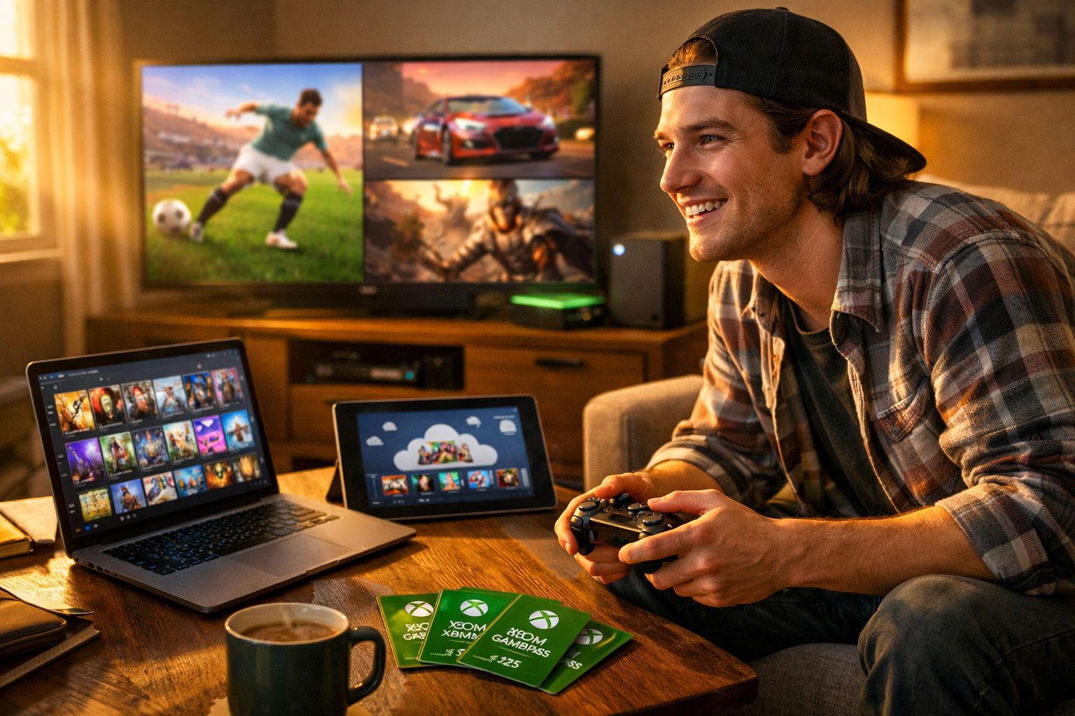 Homem sorridente jogando videogame com controle, laptops e TV exibindo jogos em sala aconchegante.