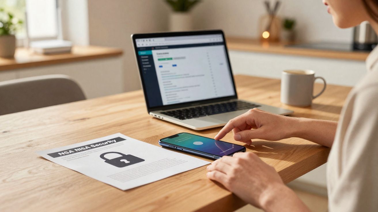 Pessoa usando smartphone com computador e documento sobre segurança na mesa de madeira.