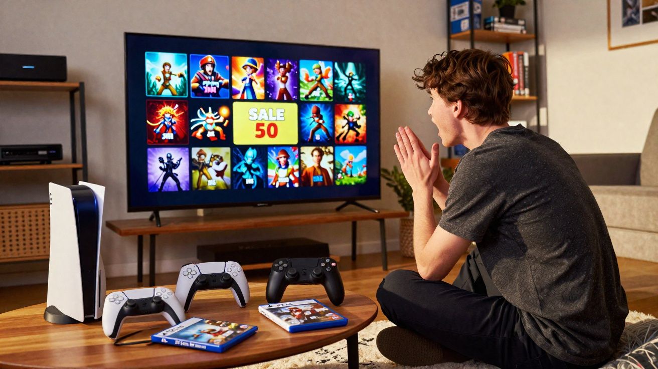 Jovem animado jogando videogame na sala com controles e console em mesa de madeira.