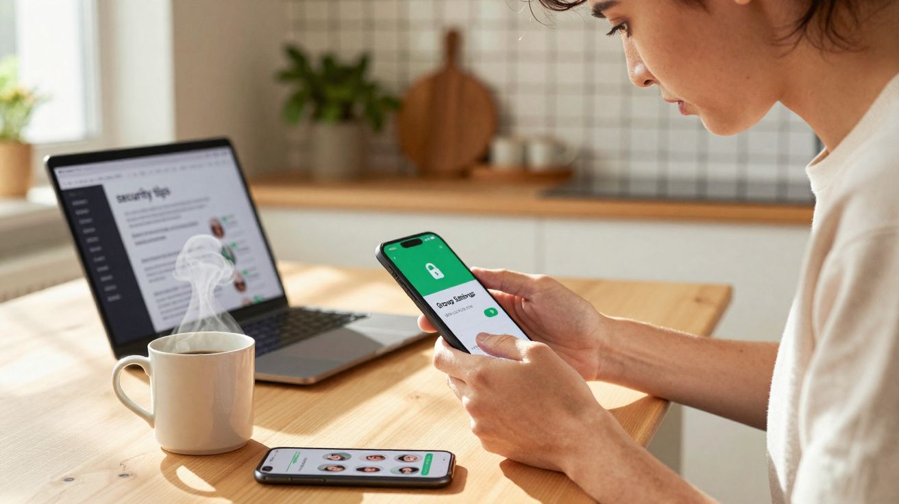 Pessoa usando celular para ativar autenticação de segurança, com laptop e café na mesa de madeira.
