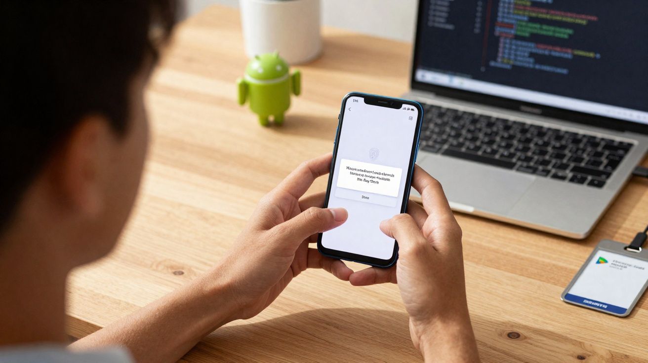 Pessoa segurando smartphone com mensagem de senha, laptop e mascote Android ao fundo em mesa de madeira.