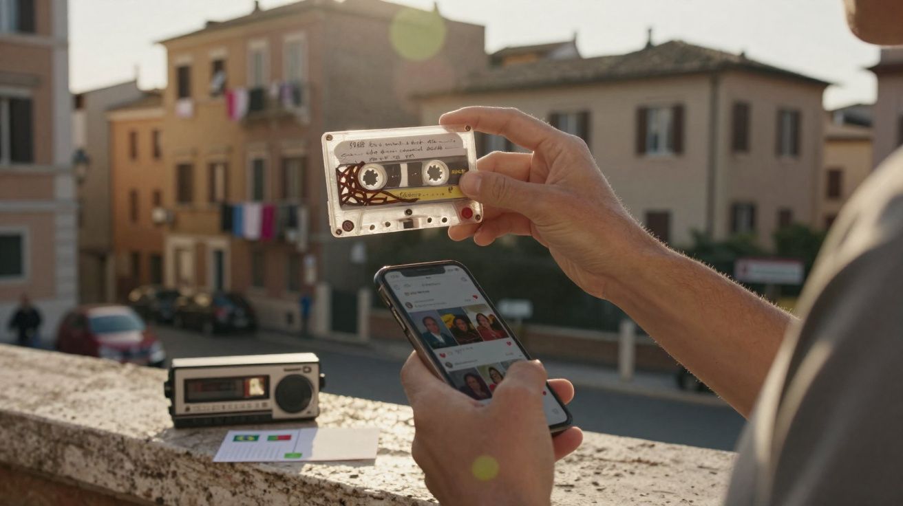 Pessoa segurando um smartphone e uma fita cassete antiga com rádio ao fundo em área urbana.