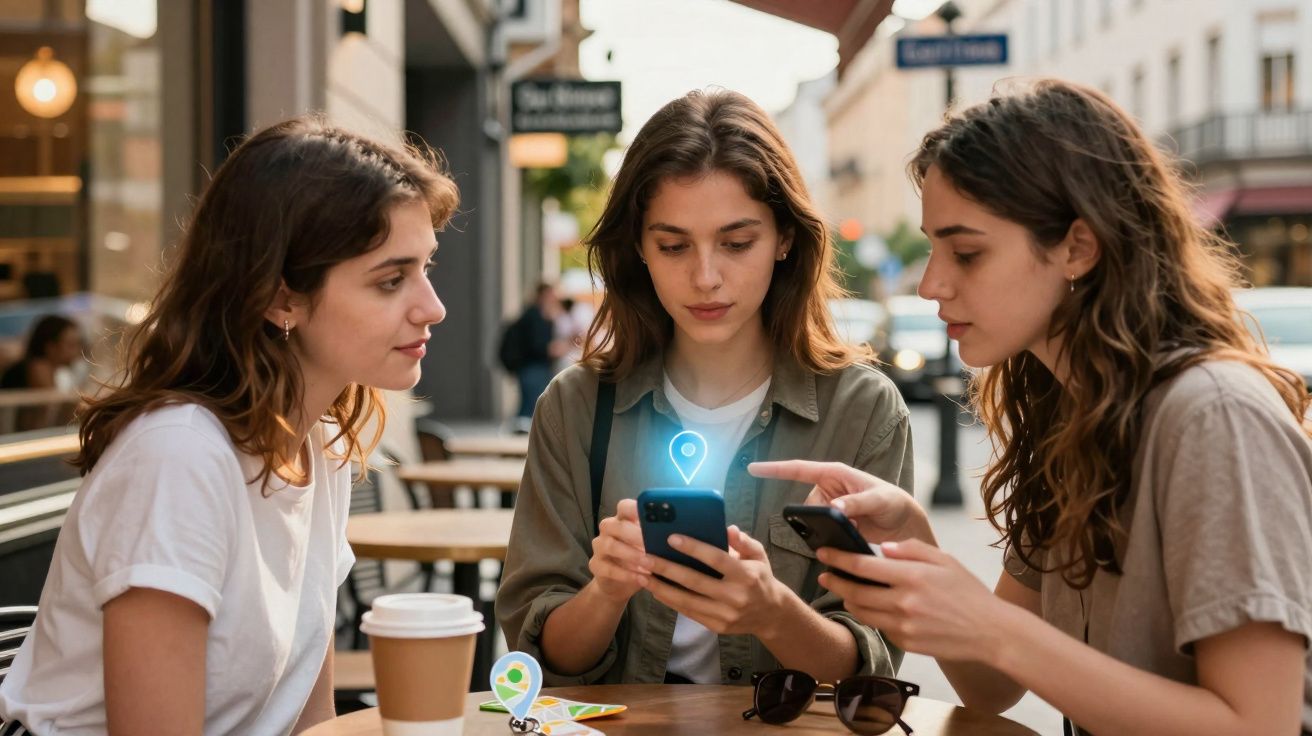 Três jovens sentadas em mesa de café ao ar livre usando celulares, com ícone de localização holográfico.