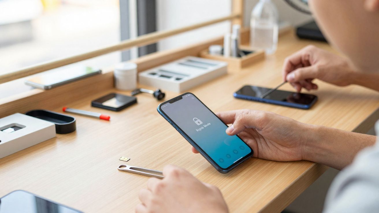 Pessoa segurando um celular bloqueado em uma mesa com ferramentas e outro celular em manutenção.