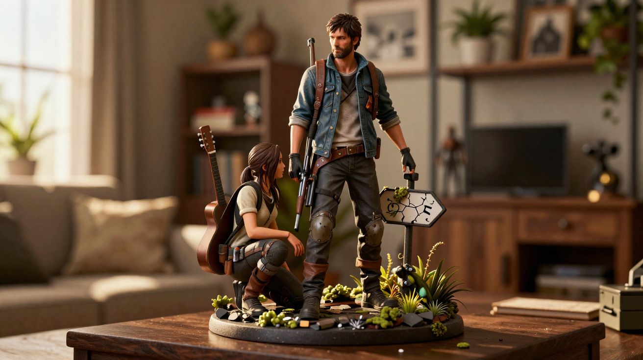 Estátuas detalhadas de homem e mulher em pose de ação, com plantas e guitarra, sobre mesa de madeira em sala.