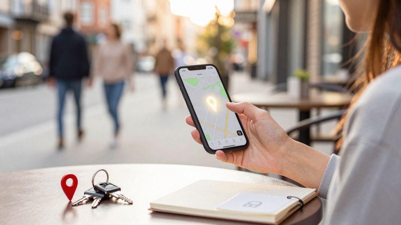 Pessoa segurando celular com mapa e localização em tela, chaveiro com chaves e marcador vermelho na mesa.