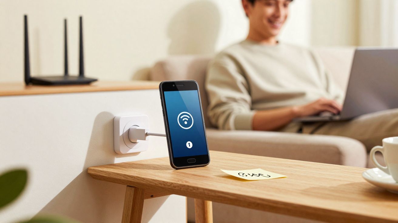 Smartphone conectado a carregador de parede, mostrando ícone de Wi-Fi, com pessoa ao fundo usando laptop.