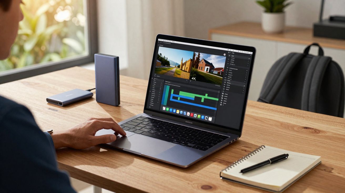 Pessoa editando vídeo em laptop sobre mesa com caderno, caneta, HD externo e mochila ao fundo.
