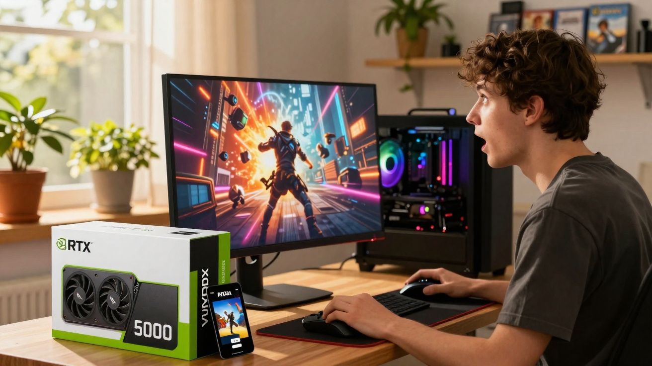 Jovem surpreendido jogando videogame em computador com placa de vídeo RTX 5000 ao lado na mesa.