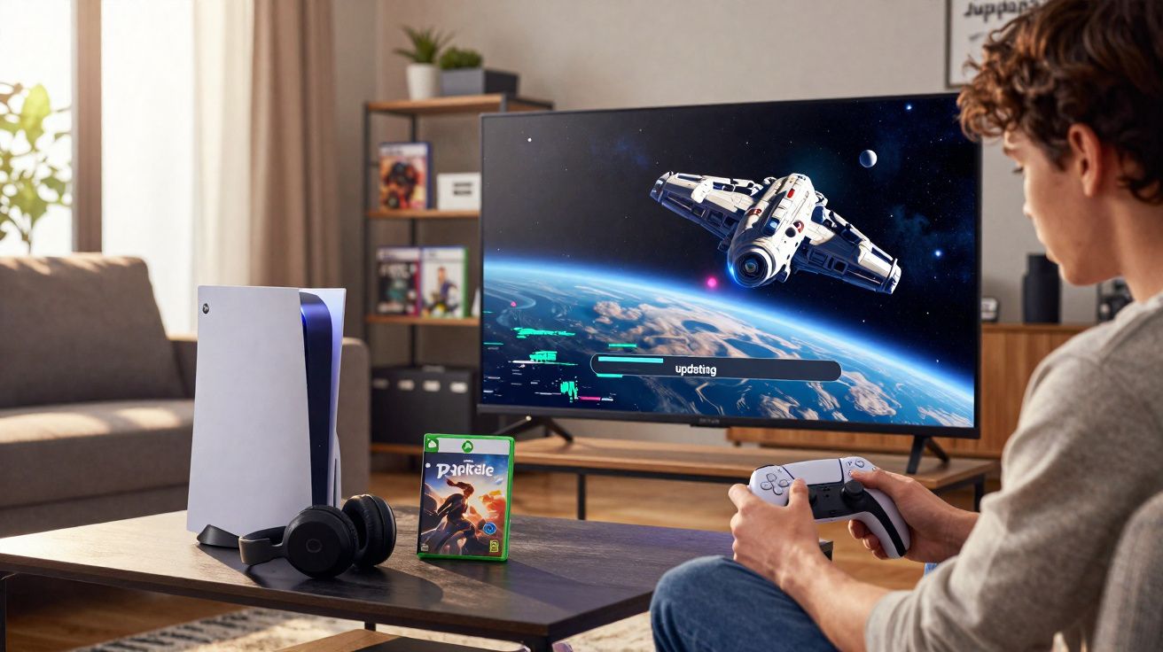 Pessoa jogando videogame com controle, TV mostrando espaço e nave, console e fones sobre mesa.