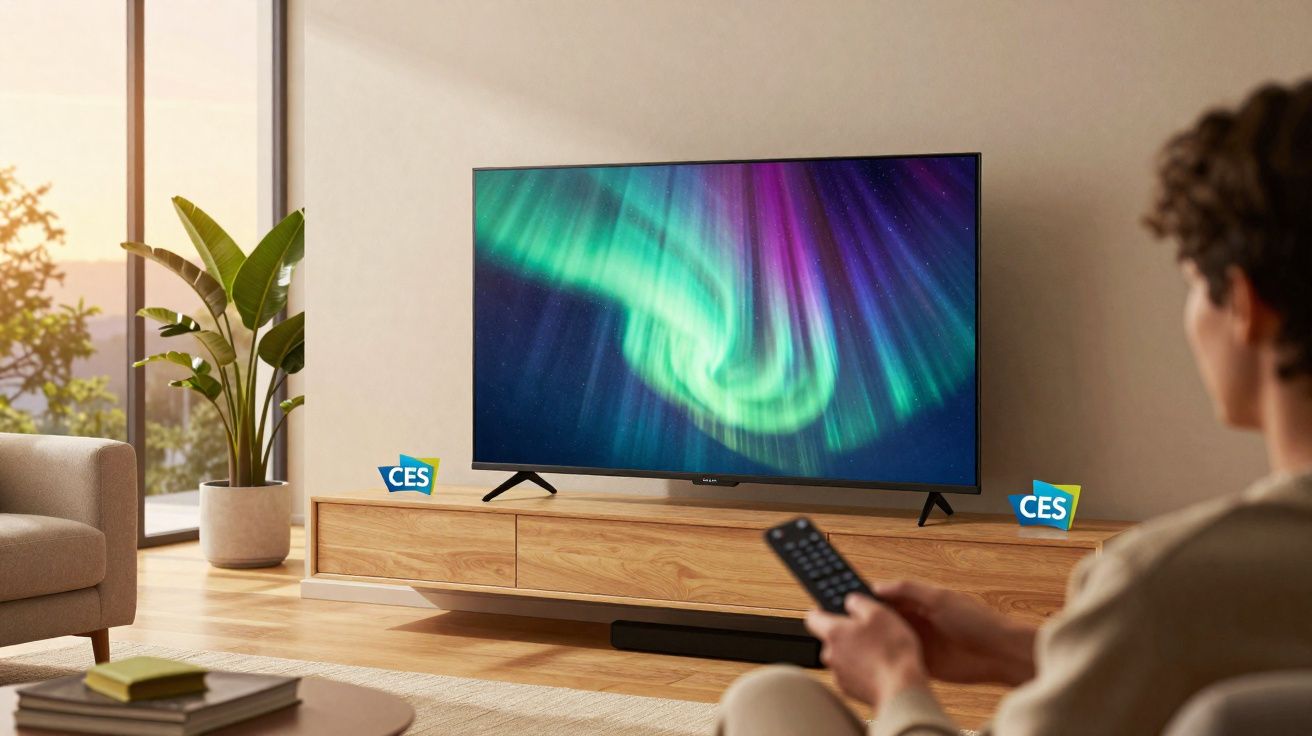 Pessoa segurando controle remoto assistindo TV com imagem de aurora boreal em sala moderna e iluminada