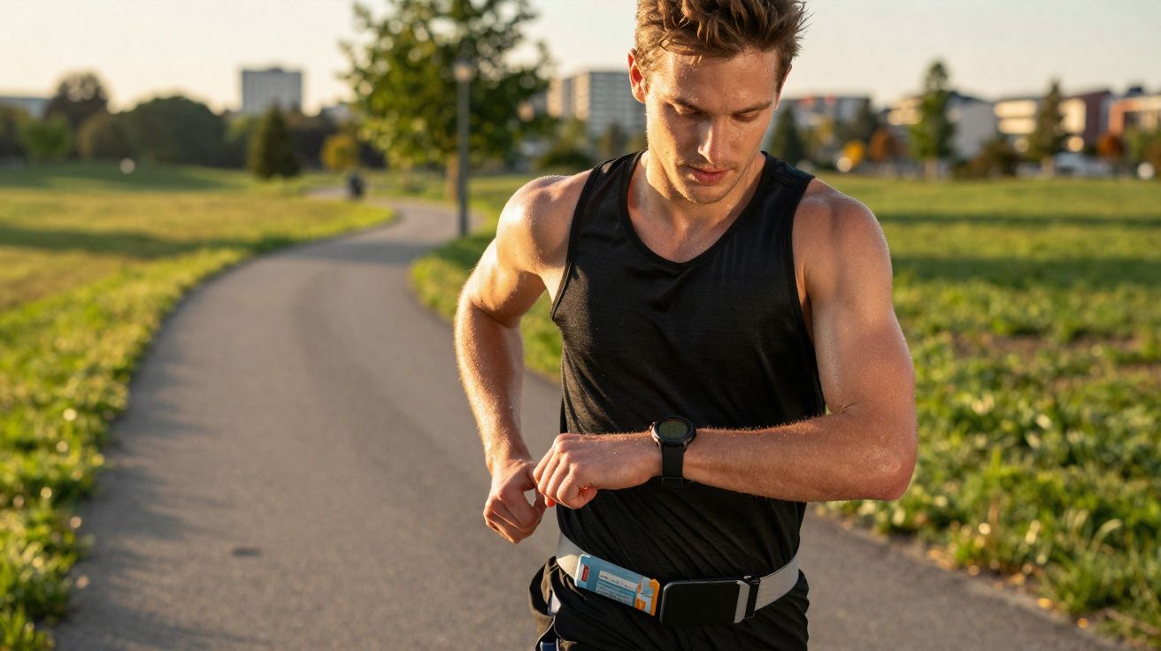 Homem correndo em parque olhando relógio esportivo no pulso durante final de tarde.