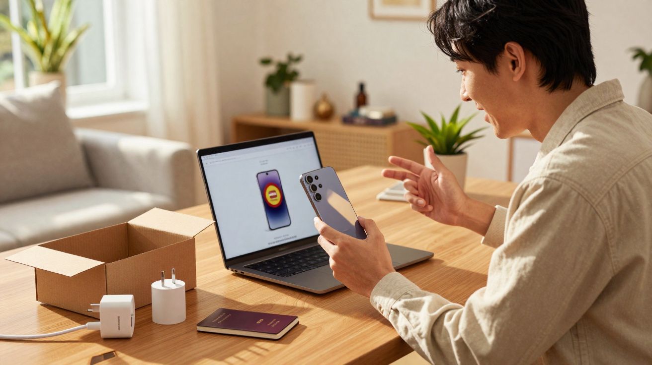 Homem sentado à mesa segurando celular novo diante de laptop e embalagem aberta em ambiente iluminado.