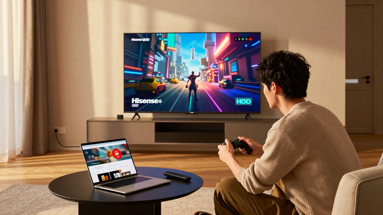 Homem sentado no sofá jogando videogame com TV grande e laptop em mesa de centro.