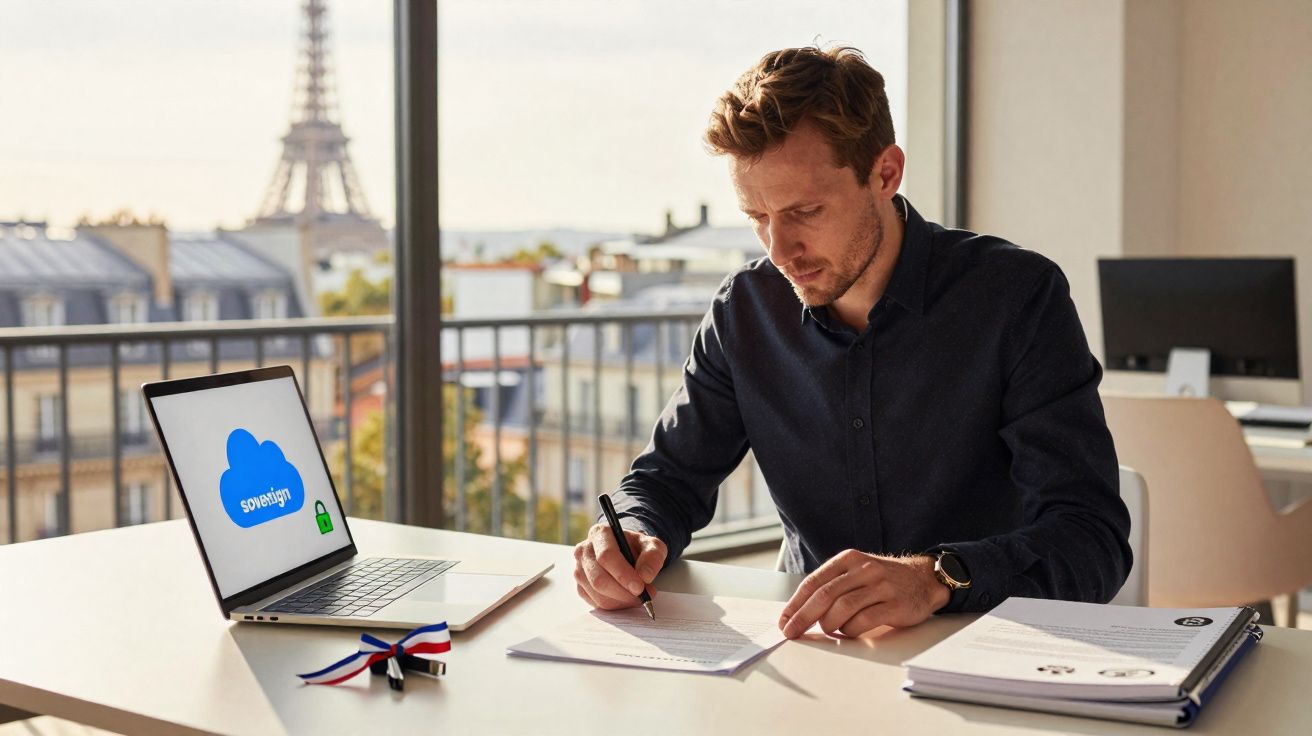 Homem trabalhando em escritório com laptop aberto mostrando logo do Sovetgy e Torre Eiffel ao fundo.