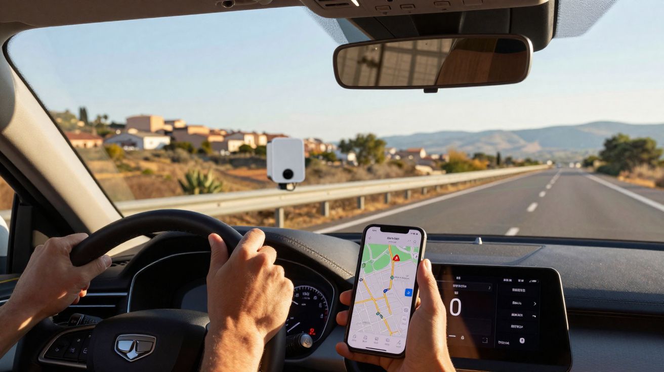 Pessoa dirigindo carro com mapa de navegação aberto no celular e estrada à frente em dia claro