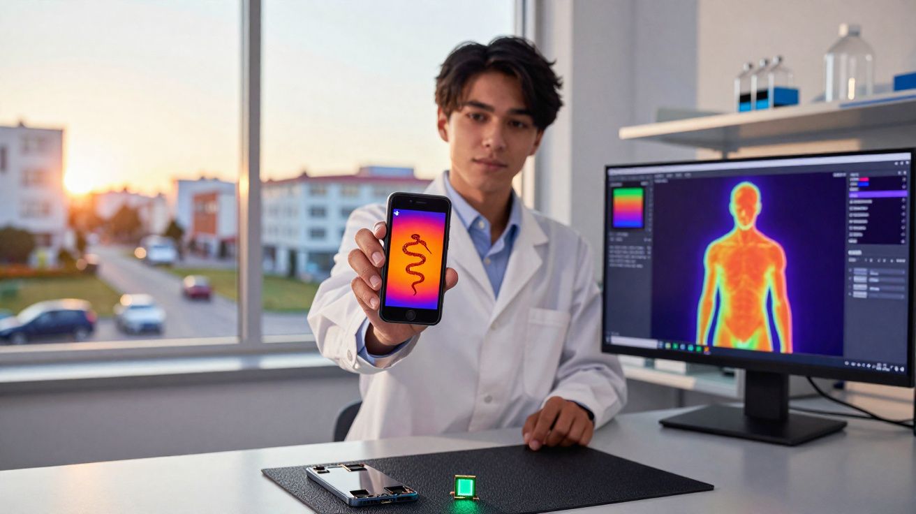 Jovem cientista mostra imagem de serpente em smartphone, ao lado de monitor com mapa térmico humano.