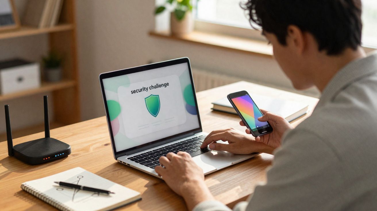 Pessoa usando smartphone para verificação de segurança enquanto trabalha no laptop em mesa de madeira.