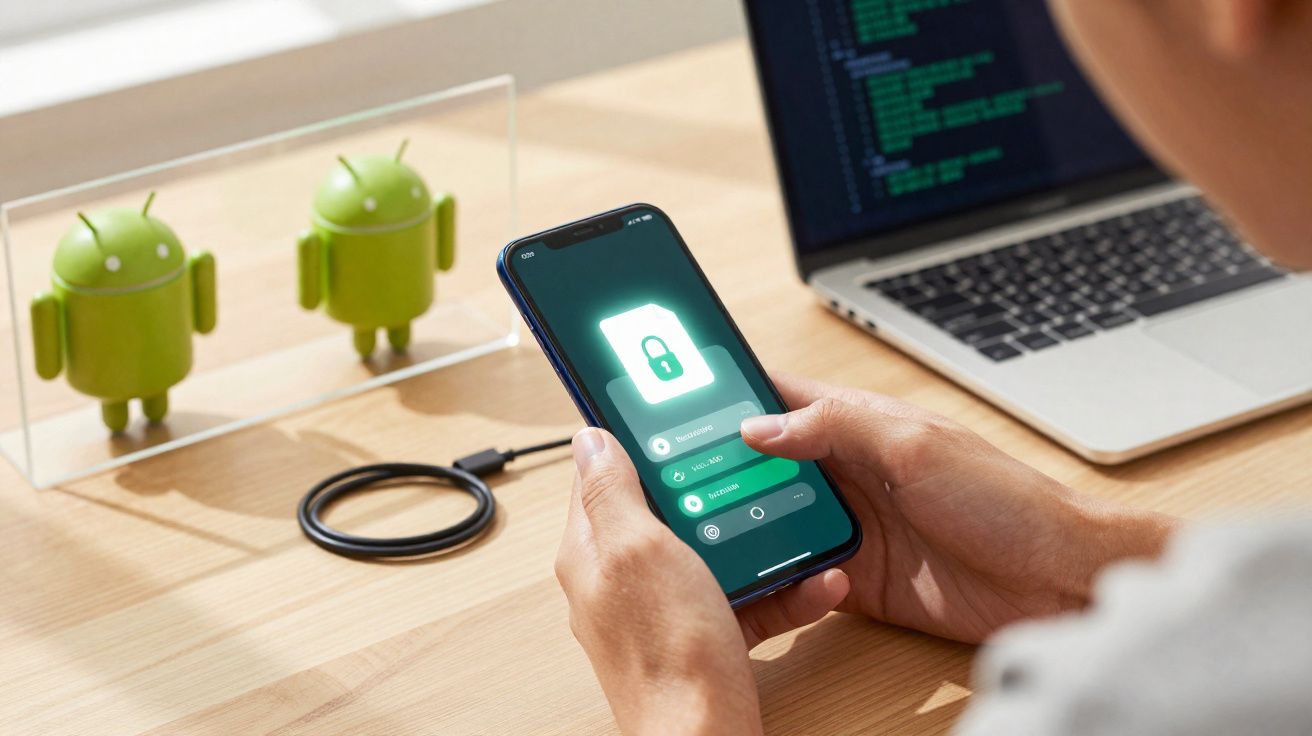 Pessoa segurando celular com app de desbloqueio na tela, laptop e miniaturas do Android ao fundo.