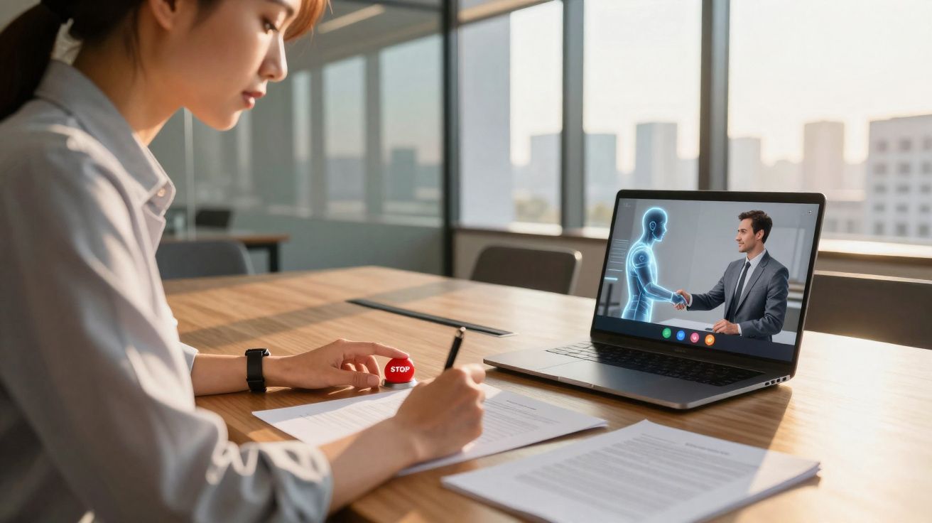 Mulher trabalhando em mesa com notebook mostrando um homem apertando a mão de um robô digital.